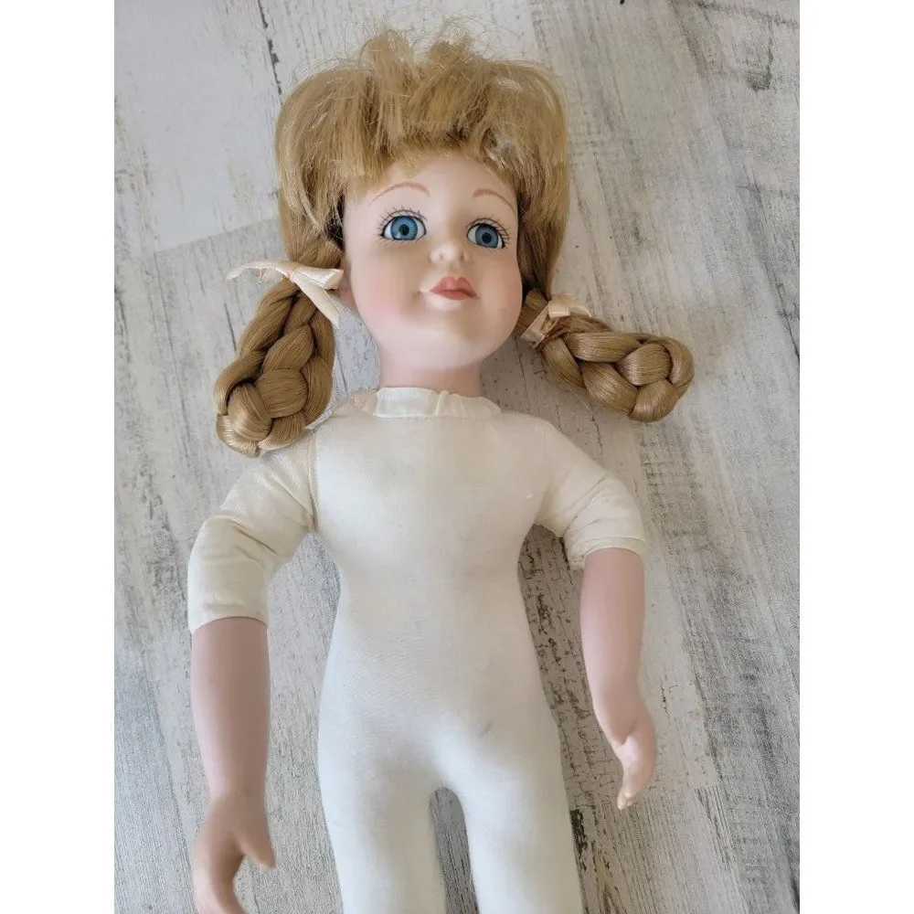 Marian yu porcelain doll blonde pigtail braid‎ girl collectible